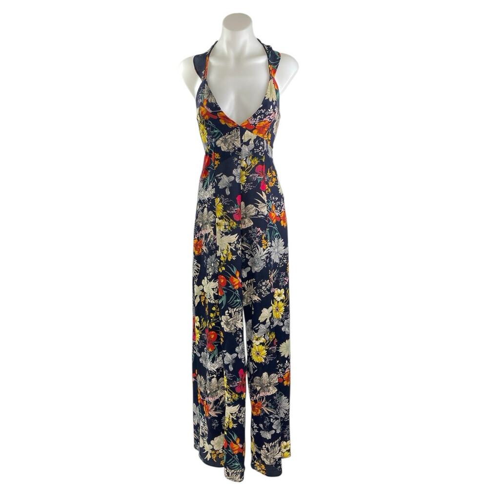Endless Summer Multicolor Floral Sleeveless Plunge Neck Wide Leg Jumpsuit Sz M